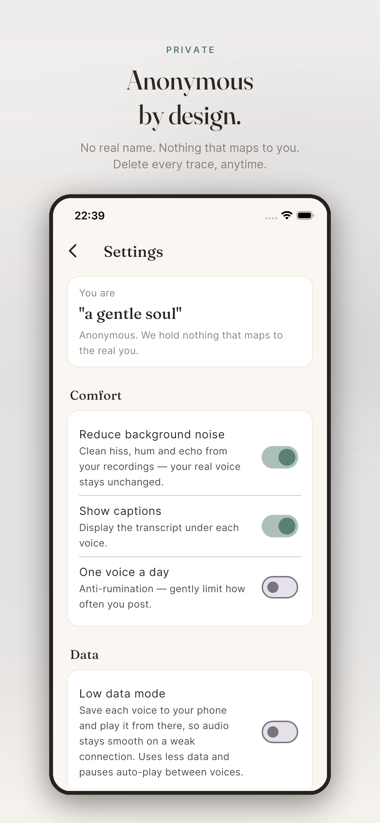 Settings screen showing anonymous identity and privacy controls